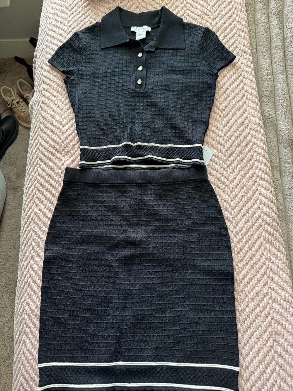 House of Harlow 1960 Black Knit Polo Skirt Set with Ivory Trim